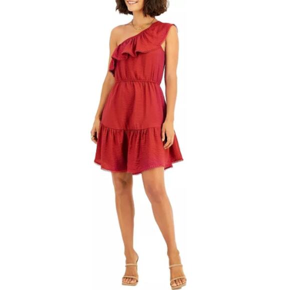 Bar III Dresses & Skirts - BAR III Women's Red Canyon One Shoulder Sleeve Ruffled Mini Dress Size Large NWT